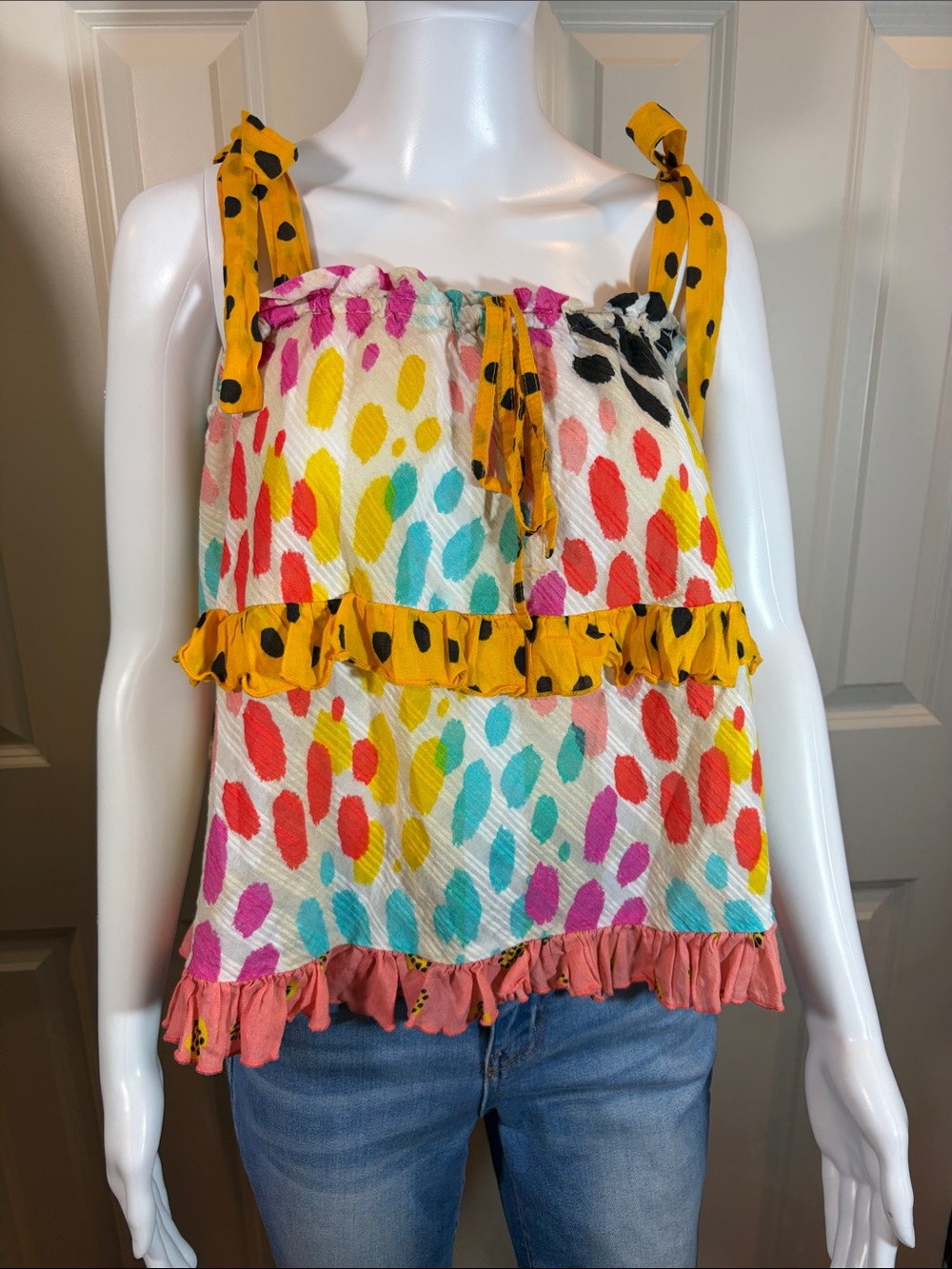 Anthropologie Multicolor Polka Dot Ruffle Tank with Yellow Tie Straps